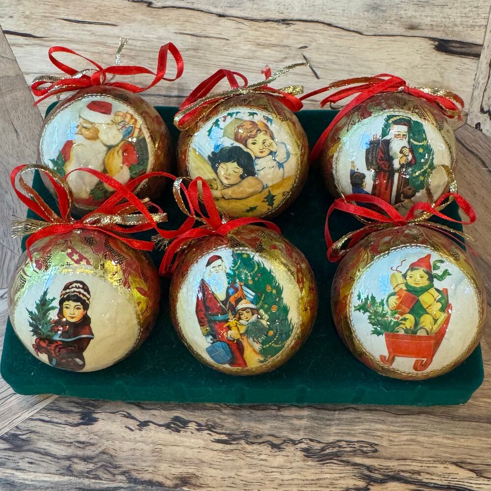 Vtg Heirloom Christmas Ornaments Set 6 Boxed 2.5 Paper Mache Decoupage Santa Elf